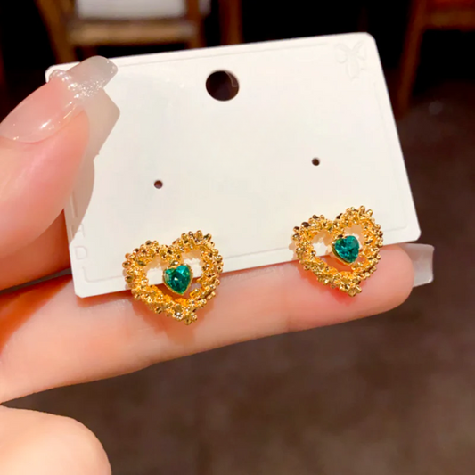 14K Gold-Plated Luxury Zircon Diamond Hollow Heart Stud Earrings