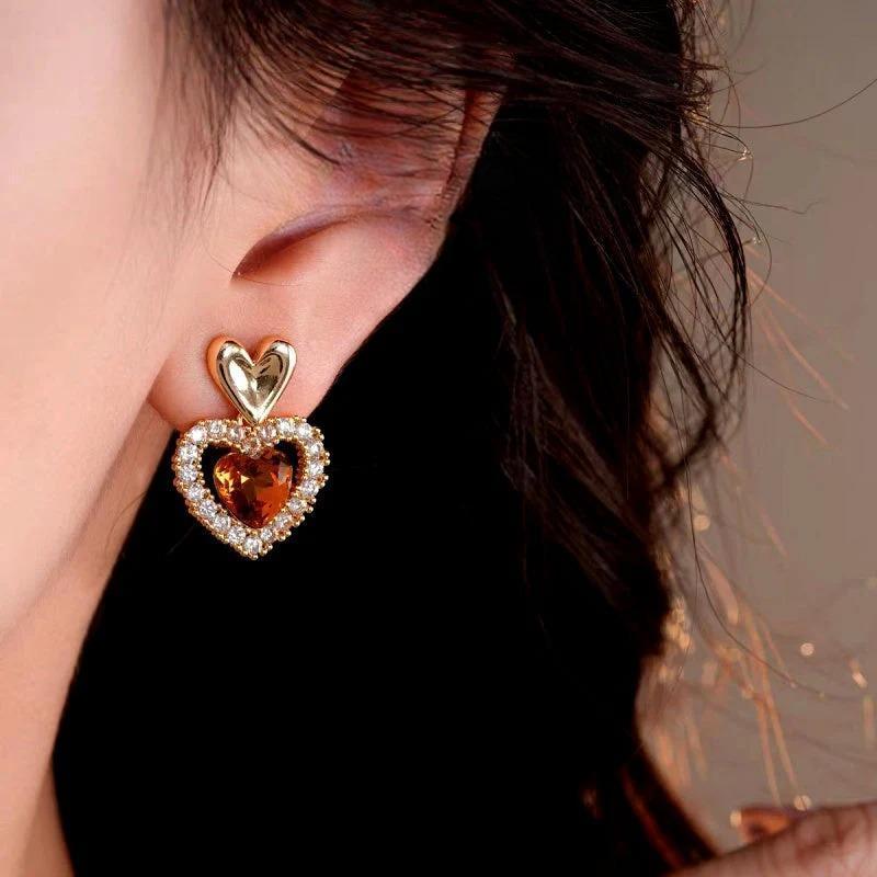 14K Gold-Plated Zircon Diamond Heart Earrings
