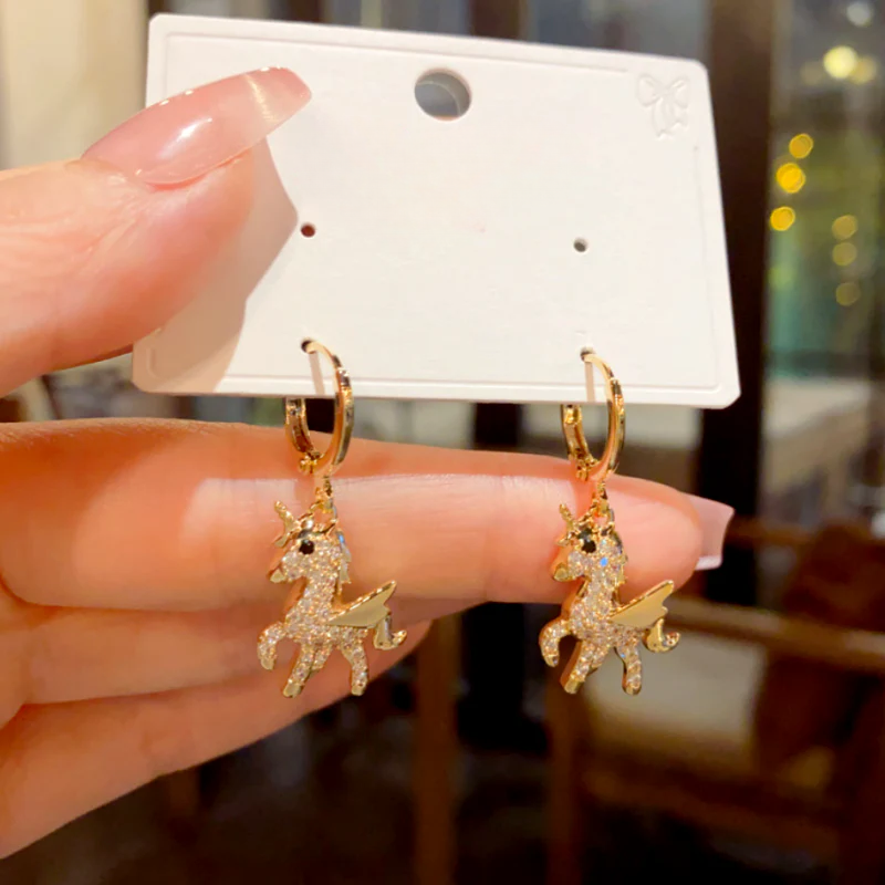 14K Gold-Plated Zircon Diamond Unicorn Earrings