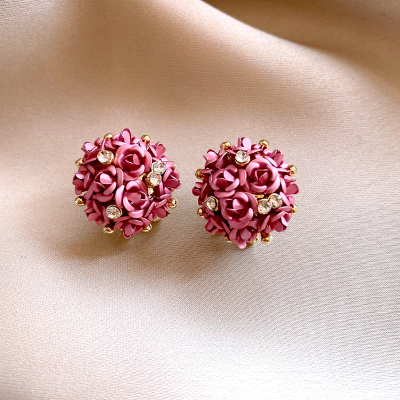 Silver Post Zircon Diamond Flower Stud Earrings