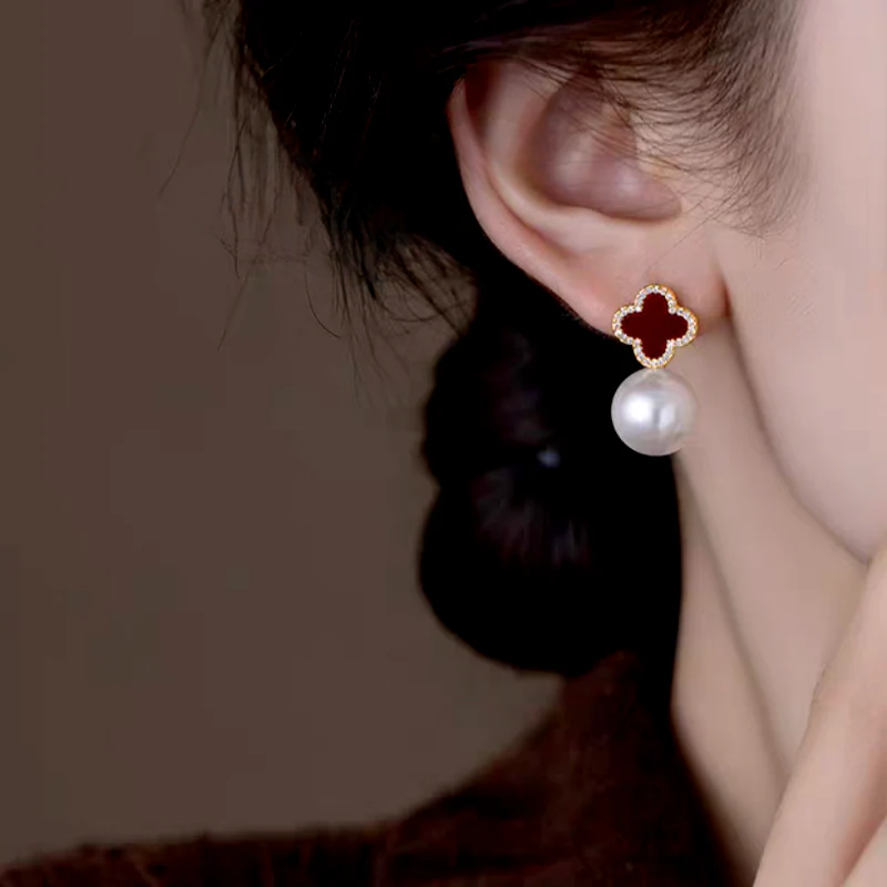 14K Gold-Plated 2025 New Luxury Four-Leaf Flower Pearl Jacket Earrings