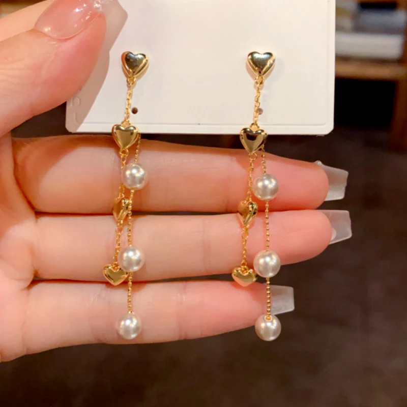 14K Gold-Plated Elegant Heart Pearl Tassel Earrings