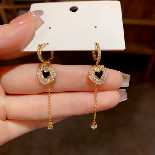 14K Gold-Plated Elegant Zircon Diamond Heart Tassel Earrings