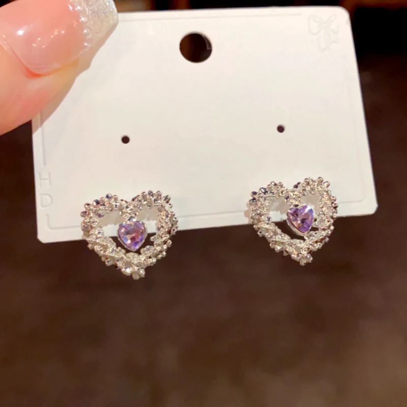 14K Gold-Plated Luxury Zircon Diamond Hollow Heart Stud Earrings