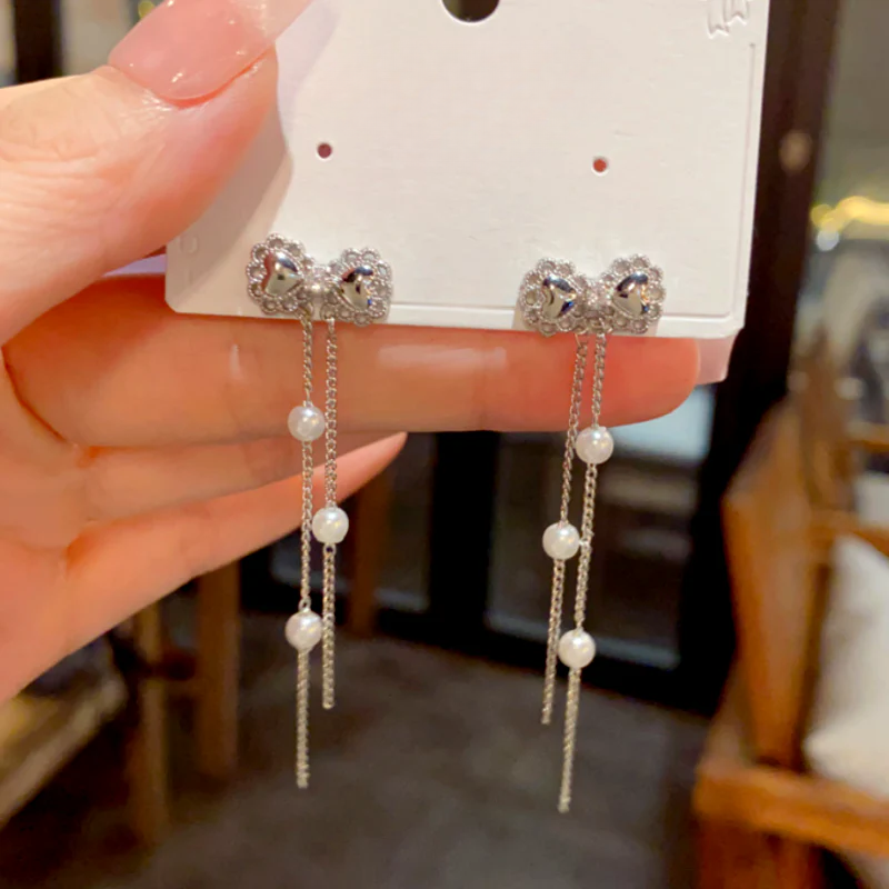 14K Gold-Plated Zircon Diamond Bow Bead Tassel Earrings