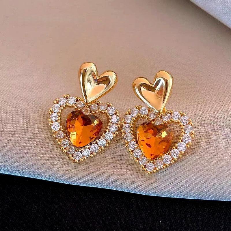 14K Gold-Plated Zircon Diamond Heart Earrings