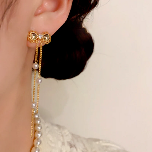 14K Gold-Plated Zircon Diamond Bow Bead Tassel Earrings