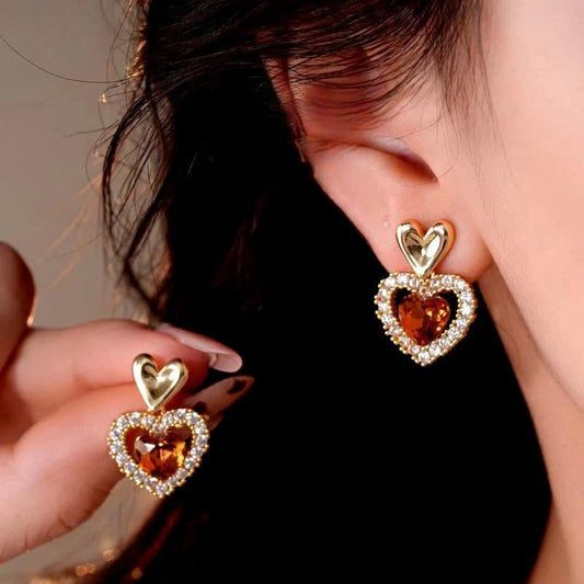 14K Gold-Plated Zircon Diamond Heart Earrings