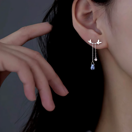 Sterling Silver Butterfly Zircon Diamond Water Drop Tassel Earrings