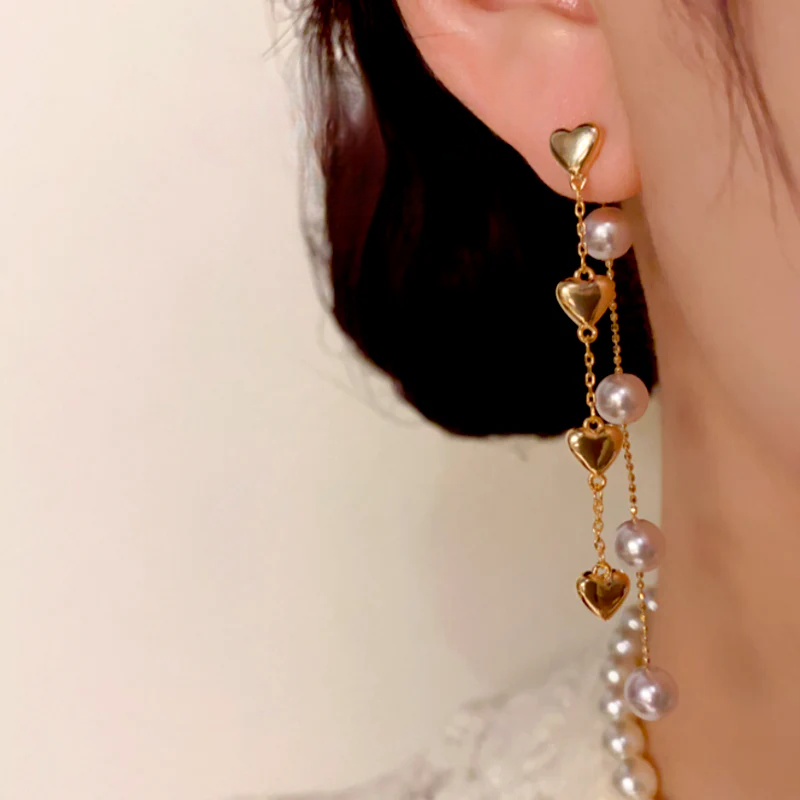 14K Gold-Plated Elegant Heart Pearl Tassel Earrings