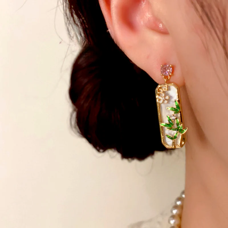14K Gold-Plated Elegant Zircon Diamond Bamboo Leaf Earrings