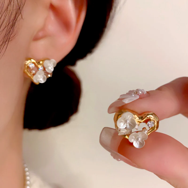 14K Gold-Plated Elegant Zircon Diamond Flower Heart Stud Earrings