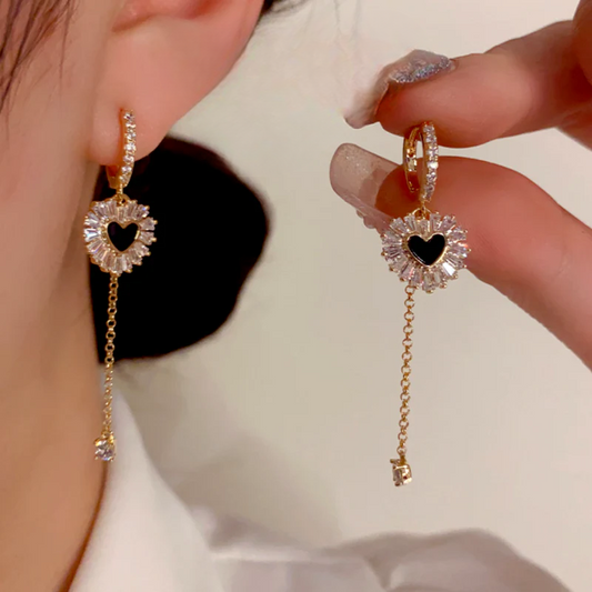 14K Gold-Plated Elegant Zircon Diamond Heart Tassel Earrings