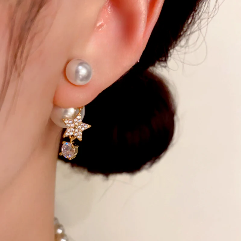 14K Gold-Plated Elegant Zircon Diamond Star Pearl Jacket Earrings