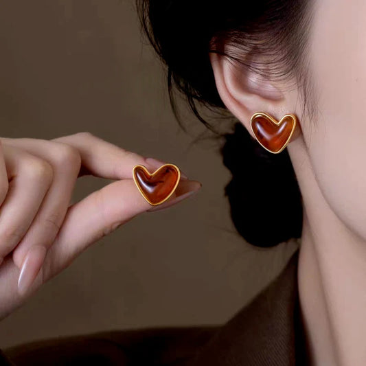 14K Gold-Plated Luxury Cat's Eye Brown Heart Stud Earrings