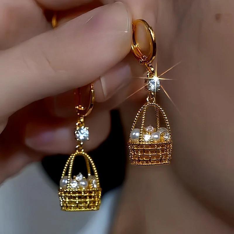 14K Gold-Plated Luxury Design Zircon Diamond Pearl Basket Earrings
