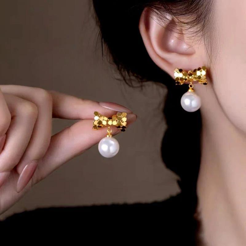 14K Gold-Plated Luxury Geometric Bow Pearl Earrings