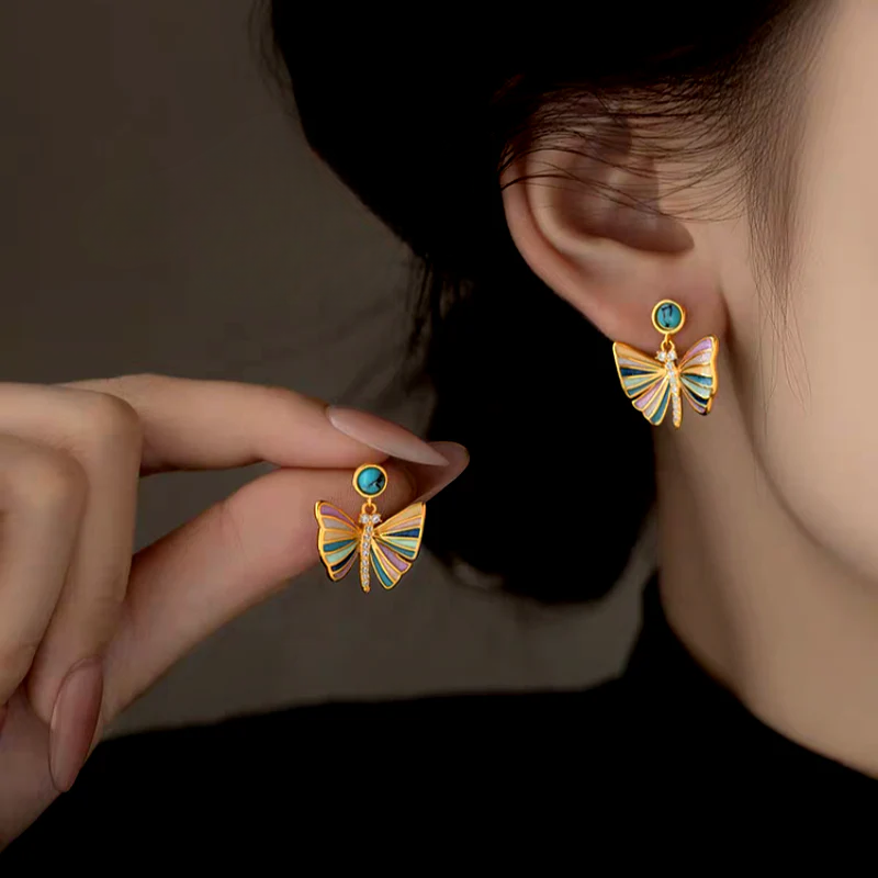 14K Gold-Plated Luxury Zircon Diamond Colorful Butterfly Earrings
