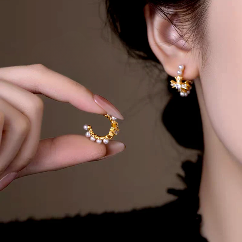 14K Gold-Plated Luxury Zircon Diamond Cross Pearl C-Shaped Earrings