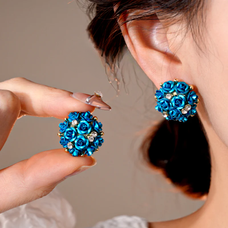 Silver Post Zircon Diamond Flower Stud Earrings